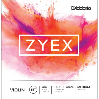 Juego de cuerdas para violín Zyex de D'Addario con Re de plata, escala 4/4, tensión media.