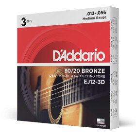 D'Addario EJ12-3D. Cuerdas para guitarra acústica de bronce 80/12, calibre medio, 13-56, 3 juegos