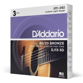 D'Addario EJ13-3D. Cuerdas para guitarra acústica de bronce 80/20, calibre custom fino, 11-52, 3 jue