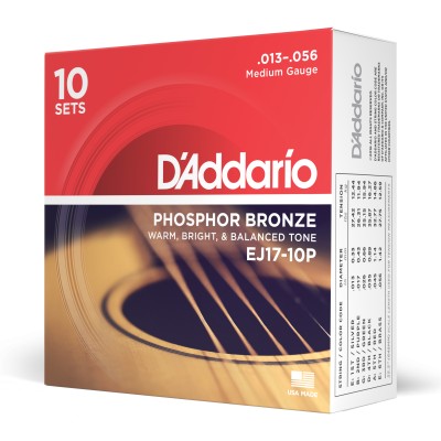 D'Addario EJ17-10P, cuerdas de bronce fosforado para guitarra acústica, tensión media, 13-56, 10 jue