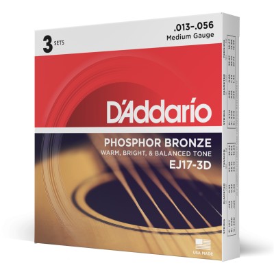 D'Addario EJ17-3D, cuerdas de bronce fosforado para guitarra acústica, tensión media, 13-56, 3 juego
